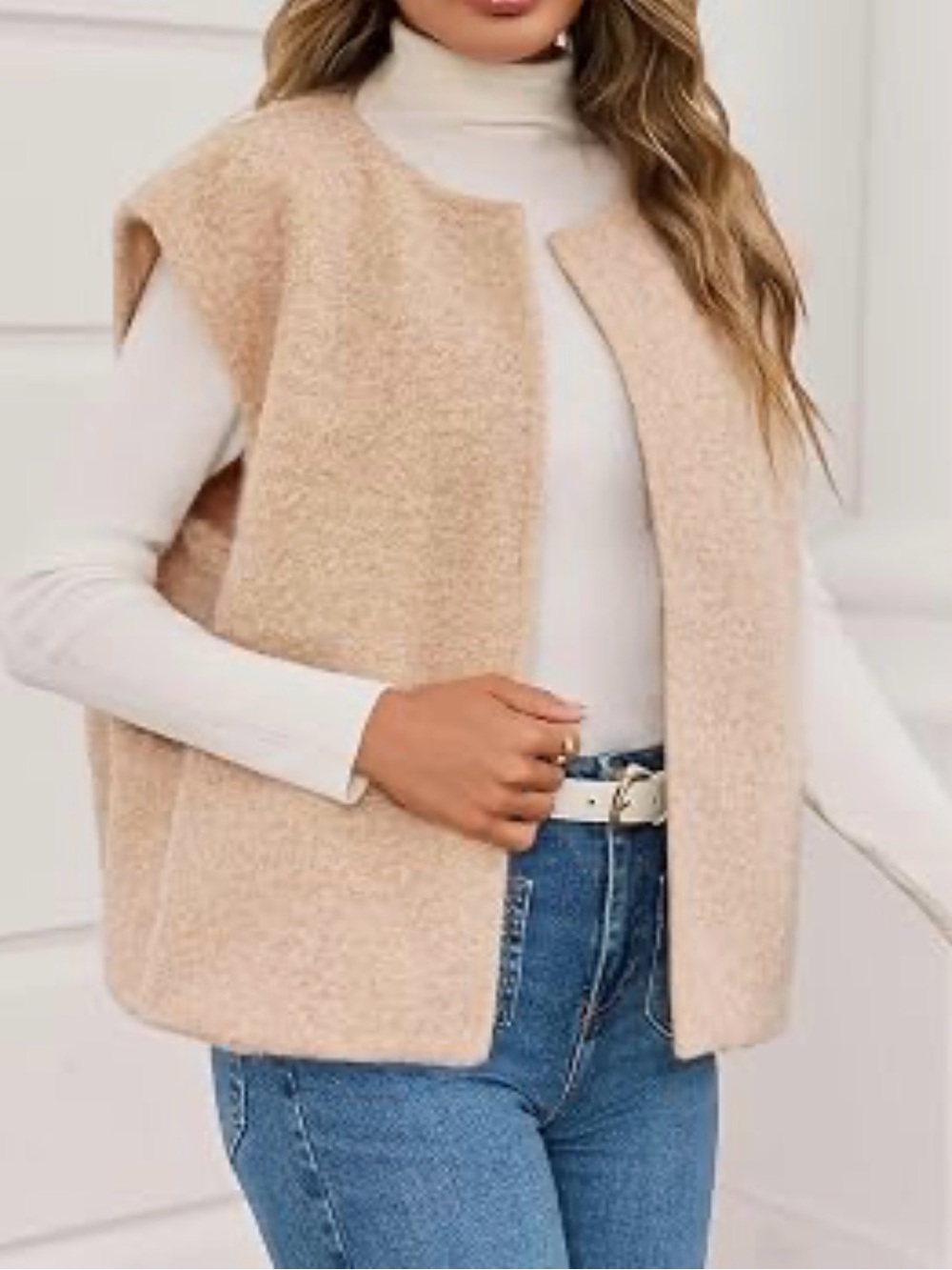 Women's Cream Bouclé Open Vest Sweater